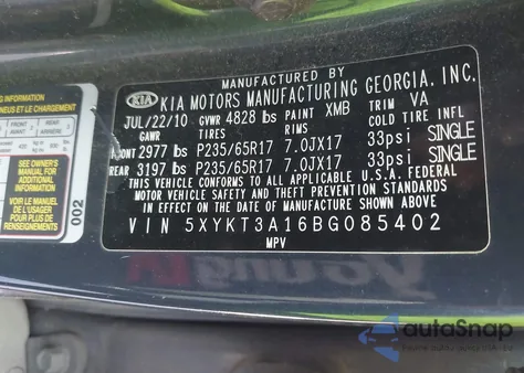 2011 Kia Sorento Lx z USA, uszkodzony, nr VIN 5XYKT3A16BG085402